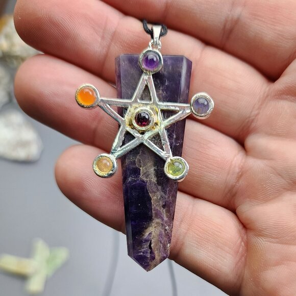 Silver Star Pendant with Purple and Multicolor Stones - Picture 2 of 3
